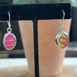Fine 950/mexican silver handmade dichroic pink glass drop earrings